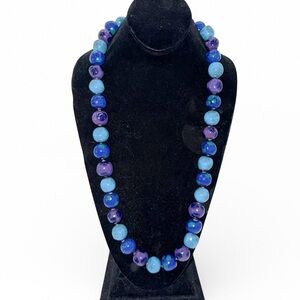 Vintage Handcrafted Blue Glazed Ceramic Polka Dots Beaded Necklace